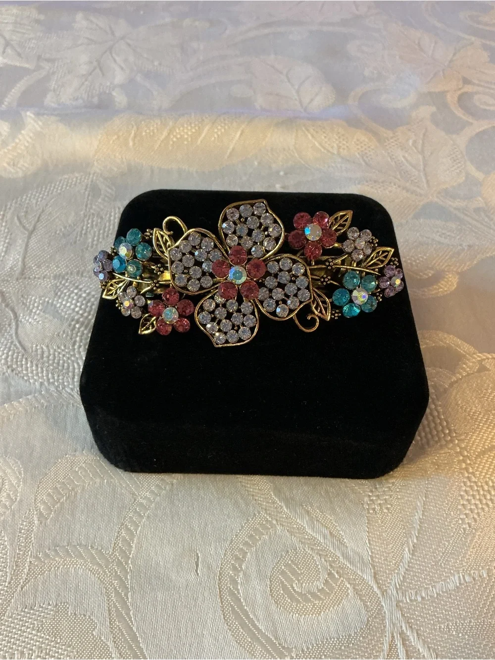 Floral Multicolored Aurora Borealis Gold Tone Barrette
